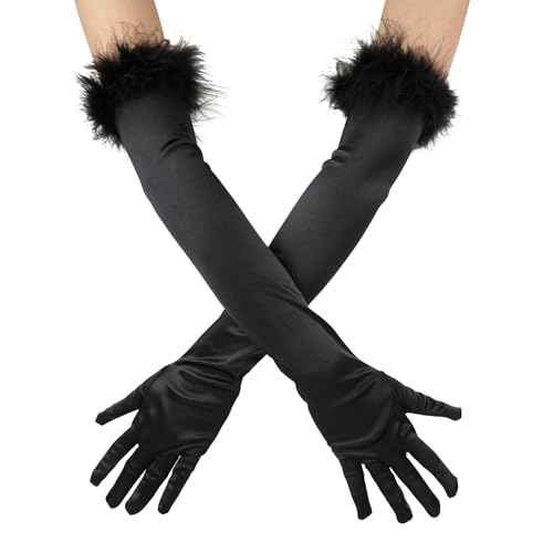 Aiphamy Long Satin Opera Gloves with Feather Trim 1920s 20s Evening Bridal Wedding Tea Party Elbow Length Gloves for Women (Black One Size)