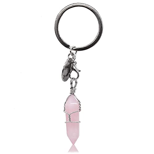 Schlüsselanhänger,2 Pcs Rosa Heilkristall Schlüsselanhänger Natur Edelstein Baum Des Lebens Anhänger Draht Gewickelt Sechseckiger Kristall Punkt Anhänger Auto Schlüsselanhänger für Frauen/Liebhaber Cover