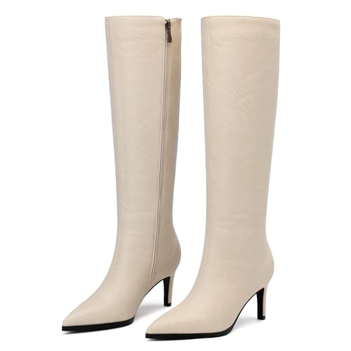 Image of ROSERWISH Women's Knee High Boots Pointed Toe Low Kitten Heel Tall Boots Comfortable Casual Fall Long Boots With Side Zipper