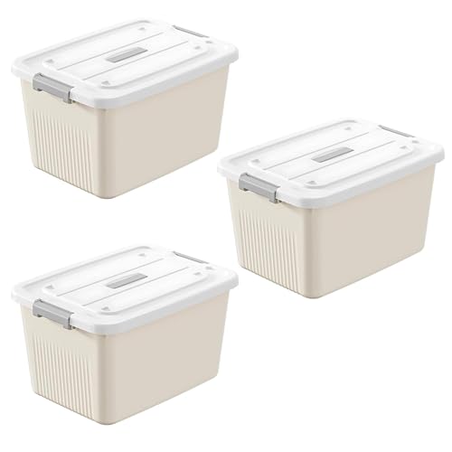 Image of Ash & Roh Plastic Storage Box /Bin /Container with Locking Lid - Sturdy and Versatile Home Organizer, Available in Multiple Size. (3, CREAM, medium 25cm X 34 cm X 18 cm)