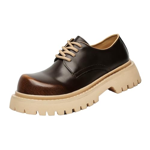 Men's Vintage Leather Platform Oxfords,Classic Comfort Round Toe Lace Up Non-Slip Casual Dress Business Derby Shoes