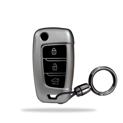Image of SIAGO TPU Key Cover and Round Key Chain Compatible with Hyundai Verna 2024 2023 | i20 N line N6 Car 3 Button Flip Key (Grey)