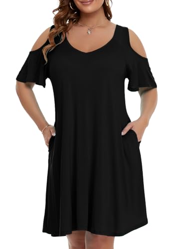 JollieLovin Womens Plus Size Short Sleeve Cold Shoulder V Neck T-Shirt Dress with Pockets
