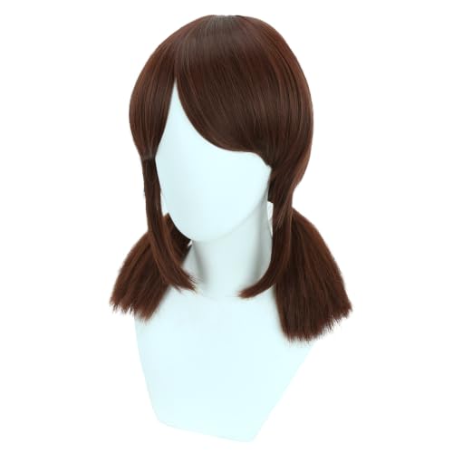 Image of Brown Wig with Bangs Brown Short Wig with Two Pigtails Brown Straight Wigs for Women Cosplay Synthetic Wigs with Wig Cap