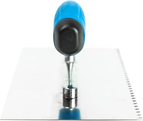 Fliesenkelle aus Edelstahl, gekerbt, 270 mm – 4 x 4 mm, quadratische Kerbe, Klebstoffspachtel mit weichem Griff, für Wand- und Bodenfliesenprojekte, langlebiges und rostbeständiges Werkzeug (N7804)