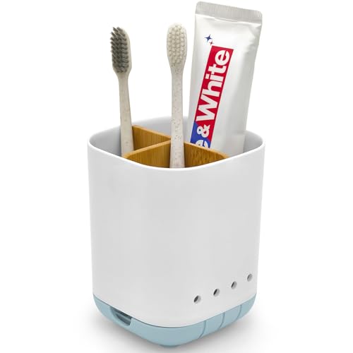 Soporte para cepillo de dientes con divisor de bambú, desmontable para una fácil limpieza, organizador de encimera de baño, organizador de plástico con 3 ranuras para cepillo de dientes eléctrico y