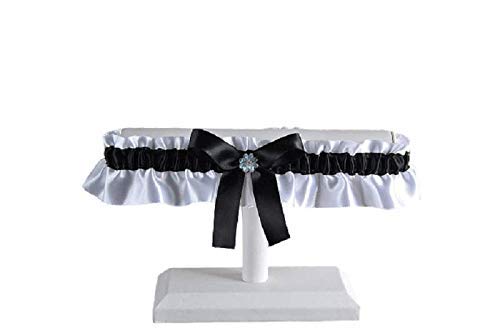 ''HANDMADE''Black and white satin wedding garter with iridescent flower and rhinestone, Black prom and wedding lingerie, Toss or keepsake garter