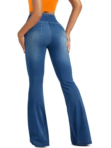 Knit Stretchy Jean Leggings for Women with Crossover High Waisted Bell Bottom Yoga Pants Flare Leggings with Pockets2