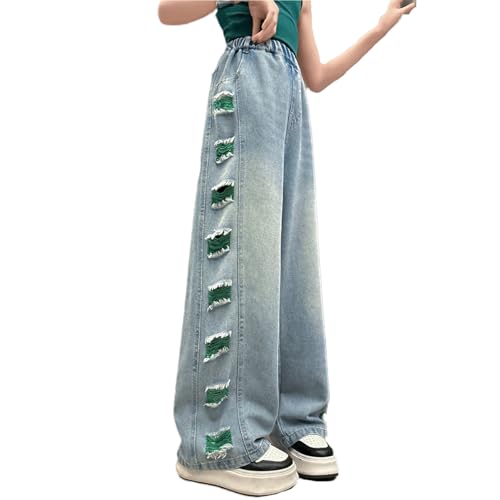 Baggy Jeans for Girls Distressed Elastic Waist Y2K Baggy Jeans Ripped Color Blocks Wide Leg Cute Denim Pants
