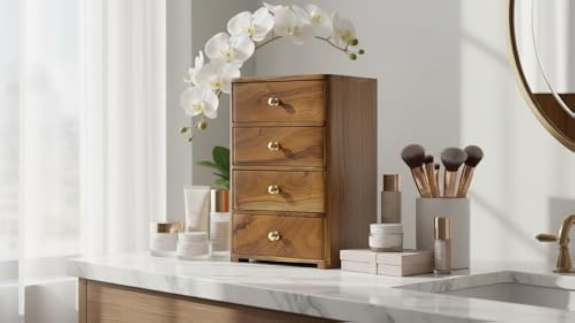 Wooden 4-Drawer Desk Organizer, Decorative Storage Chest