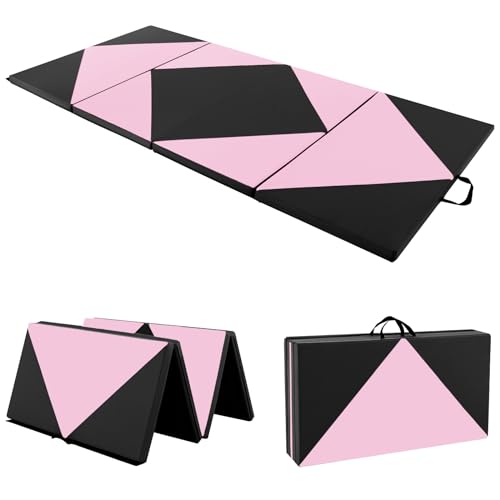 COSTWAY Colchoneta de Gimnasia Plegable 240 x 117 x 5 cm, Esterilla de Gimnasia de Piel PU para Ejercicio Aeróbico, Colchoneta Multifuncional para Gimnasio y Casa (rosa+negro)
