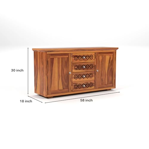 Image of Solid Sheesham Wood Wooden Sideboard Storage Cabinet & Chest of Drawer : Ideal for Living Room and Bedroom with 4 Drawers and 2-Shelf Storage (Cambrey, Honey Finish)
