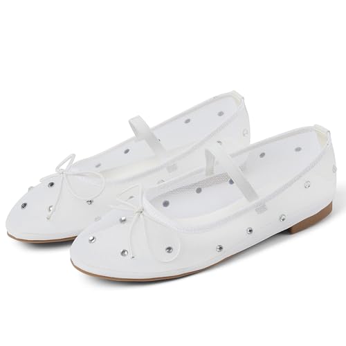 Mesh Ballet Flats for Women Crystal Rhinestone Mary Jane Shoes Comfortable Round Toe Ballerina Flats with Stretch Strap Trendy