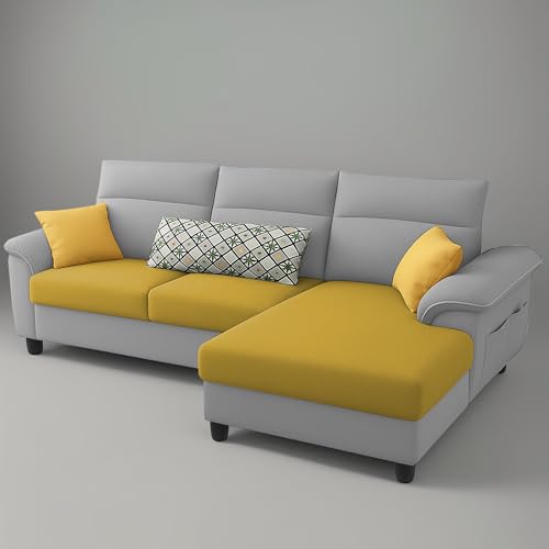Image of Casaliving Seams RHS 4 Seater L Shape Sofa for Living Room (Yellow Grey Fabric) Premium Fabric Sofa