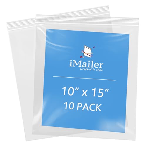 iMailer - 10" x 15" 10 Pack - 2 Mil Resealable Zip Bags - Clear Plastic Bags with Zip Top Lock for Storage, Organizing, Crafts, Travel