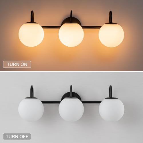 Image of Milk Glass Vanity Light, 22.6 inch Modern Bathroom Light Fixtures Mid-Century Globe Vanity Light 3-Light Glass Wall Sconce Black