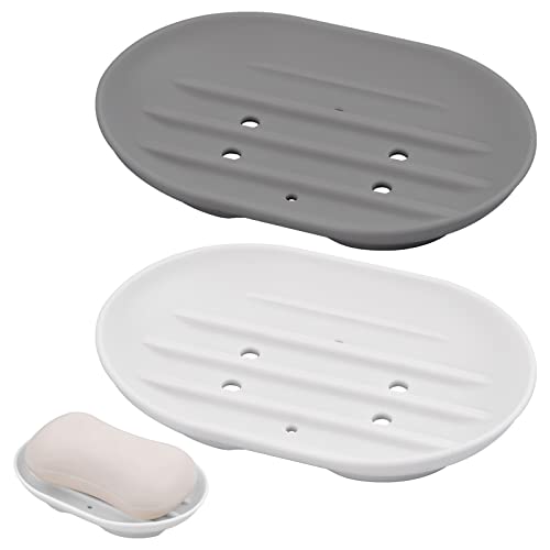 KYSUN 2 Stück Ovale Silikon Seifenschale mit Ablauf, Rutschfest und Robust für Badezimmer, Küche, Dusche, Soft Seifenschalen für Hält Seife Trocken (Weiß + Grau)