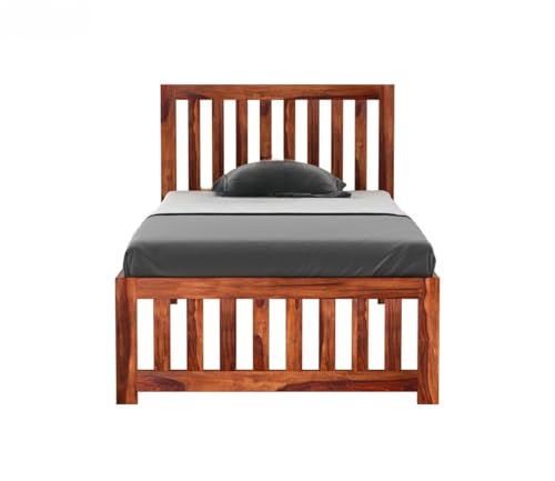 Image of KR Furniture Solid Sheesham Wood Single Bed with Vertical Slatted Headboard & Footboard | 6x3 ft Wooden Cot for Bedroom, Guest Room, Hostel & PG | Strong Frame Support | Honey Finish