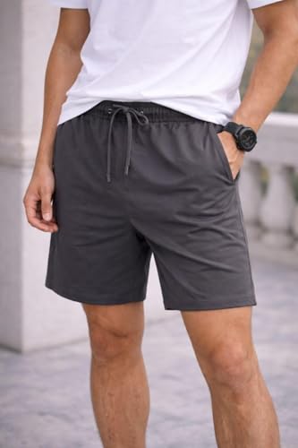 Image of Men's Solid Cotton Lounge Shorts | Premium Soft Breathable Casual Shorts with Elastic Drawstring Waist | Regular Fit Above Knee for Home, Gym & Travel