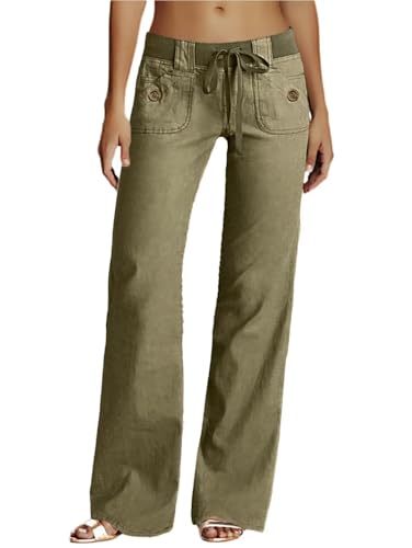 Flamingals Low Rise Cargo Wide Leg Pants for Women Drawstring Flap Pockets Y2K Bow Tie Casual Flare Pants Olive 2XL