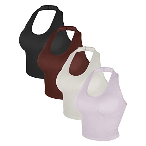 Eleplus Women's Halter Cropped Tank Tops Ribbed Backless Workout Sport