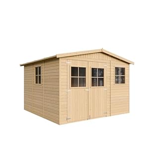 Holz Gartenschuppen - Abstellkammer mit Fenstern - H226x316x324 cm/9 m² Naturholz-Shiplap-Schuppen - Gartenwerkstatt - Fahrrad- Geräteschuppen TIMBELA M335