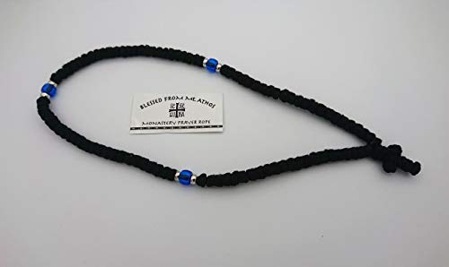 Image of Blessed Handmade 100 Knots Prayer Rope Greek Russian Komboskoini Christian Orthodox Black with Blue Beads and Black Cross from Mt Athos