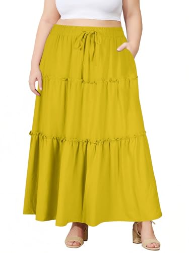 Image of Moon Wood Plus Size Maxi Skirts for Women Trendy Long Flowy Boho Tiered Skirt Renaissance Summer Beach Skirt with Pockets