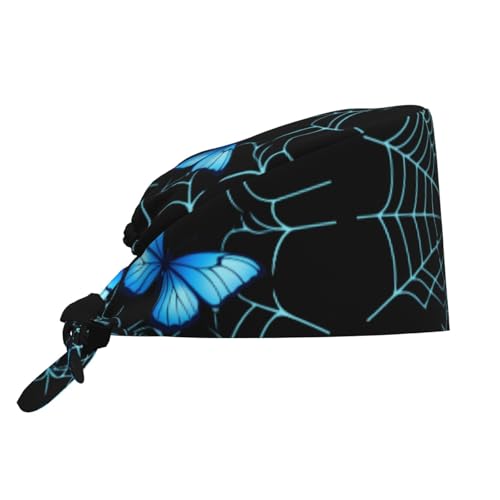 WHJSSF Bonnet de travail de nettoyage pour homme et femme avec motif papillon bleu et toile d'araignée, réglable, absorbant la transpiration, respirant