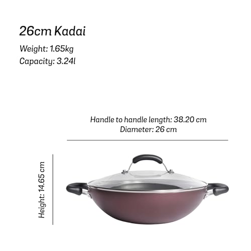 Image of Meyer Merlot Aluminium Non-Stick Kadai | Kadhai with Glass Lid | Kadai for Deep Frying and Stir Frying | Gas and Induction Compatible ) 100% Toxic Free, 26cm / 3.24 Litre