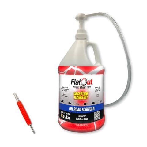 FlatOut QuickStrike On Road Tire Sealant - New Formula - Prevents Flat Tires - Seals Leaks - Contains Kevlar - Tubeless Tire Sealant - 1 Gallon + Tool Cover