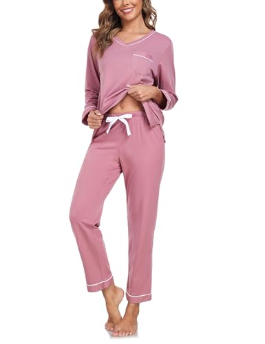 COLORFULLEAF Women's 100% Cotton Pajama Set with V-Neck, Long Sleeves & Long Pants, 2-Piece Sleepwear with Pocket S-XXL
