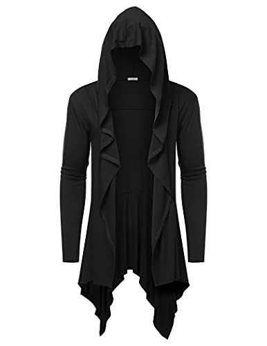 Coofandy Men'S Long Hooded Cardigan Ruffle Shawl Collar Open Front Lightweight Drape Cape Overcoat With Pockets Black thumb #1