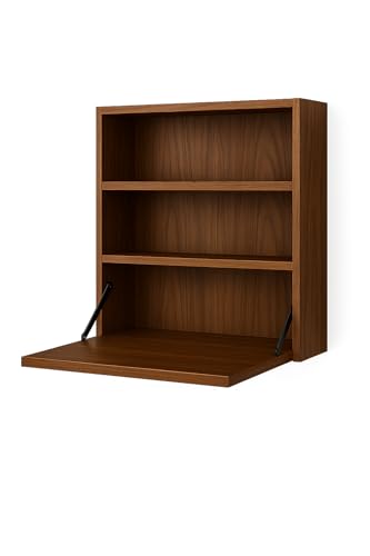 Image of Solid Sheesham Wood Wall Mounted Foldable Study Desk | Walnut Finish | Space Saving Writing Table with Shelves | Self Assembly with Screws & Plugs (Walnut)