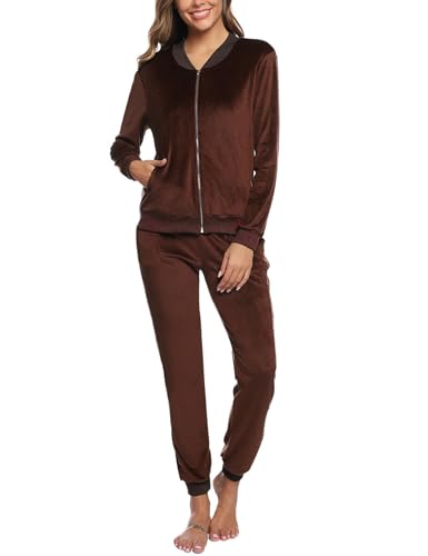 Marvmys Women's Velvet Velor Tracksuits Set Long Sleeve Two Piece Sets Zip Up Sweatshirt and Sweatpants with Pocket Brown L