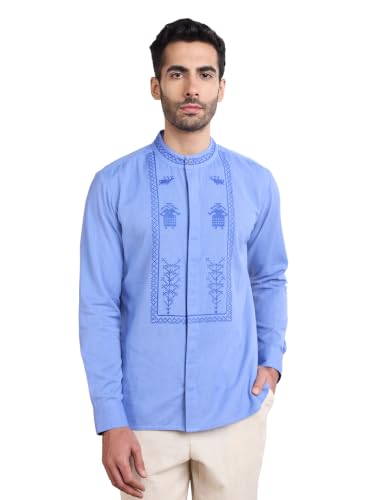 Image of Amazon Brand - Symbol Men's Cotton Blended Full Sleeve Kurta| Regular Fit | Ethnic Motif Embroidery Mandrin Collar| Front Full Open | Available in Plus Sizes