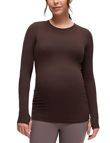 CRZ YOGA Butterluxe Maternity Crewneck Long Sleeve Shirts - Athletic Yoga Casual Pregnancy Womens Tee Tops Basic Layer Soft Hot Fudge Brown X-Large