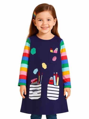 Little Girl Long Sleeve Dress Rainbow Stripe Back to School Pocket Pen Applique Navy Blue Autumn Dresses 6 Years
