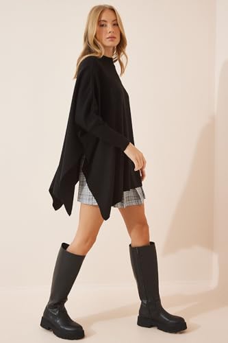 Image of Women's Crew Neck Batwing Sleeve Split Hem Oversized Knit Poncho Sweater