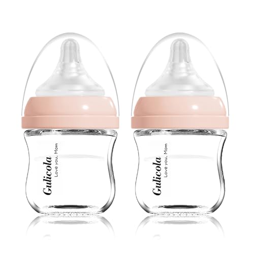 Image of Gulicola Small Glass Baby Bottle for Newborn Breastfeeding Babies, Preemie & Extra Slow Flow Nipples (SS), Anti-Colic, Breast-Like, 0 Months+, 3 oz, 2 Pack - Pink