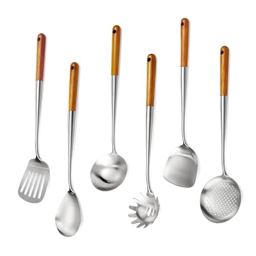 16.6 inch Stainless Steel Kitchen Utensils Set with Wood Handle, 6pcs Long Metal Cooking Utensils Set for Commercial Includes Wok Spatula, Ladle, Skimmer, Slotted Turner, Spoon(Large)