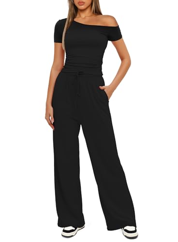 Darong Women's 2 Piece Outfits Lounge Sets Off Shoulder Short Sleeve Tops and High Waisted Wide Leg Pants Tracksuit Sets