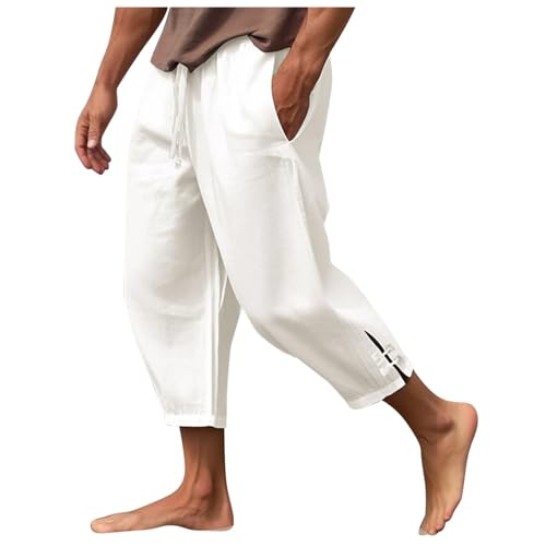 Cotton Linen Pants Men Casual Drawstring Elastic Waist Harem Plus Size Capris Lightweight Yoga Hippie Baggy Trousers