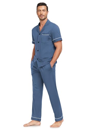 EA'S SECRET Mens 100% Cotton Pajamas Set Short Sleeve Loungewear with Long Pants Button Down Sleepwear Soft Comfy Pjs2
