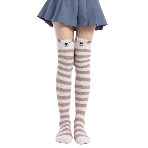 Image of Thigh High Fuzzy Socks Cute Animal Coral Fleece Over the Knee Thigh High Long Stockings Warm Stripe