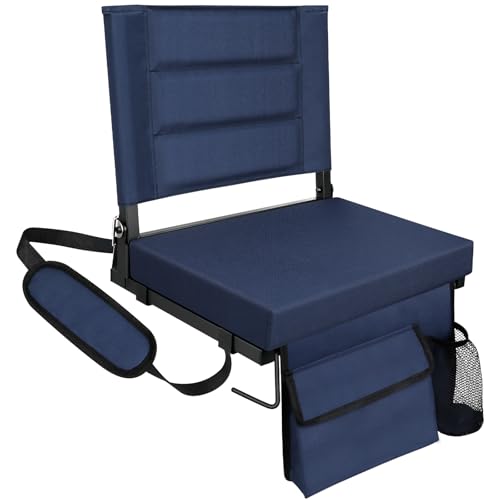 LLEVTIC Stadium Seats with Back Support,Bleacher Chairs with Cushion, Portable Folding Stadium Chair with Removable Cushion and Large Pocket for School Events Sports Game(Navy Blue)