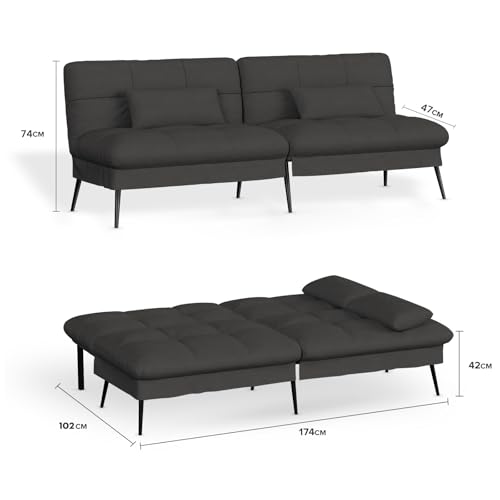 COMHOMA kauč na razvlačenje s funkcijom spavanja, presvlaka futon na razvlačenje, kauč na razvlačenje, kutna garnitura, kauč na razvlačenje za goste, trosjed na razvlačenje, s podesivim naslonom od crne tkanine