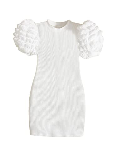 WDIRARA Toddler Girl's Mock Neck Puff Short Sleeve Ribbed Knit Bodycon Pencil Dress