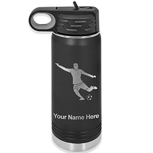 Lasergram 20Oz Double Wall Flip Top Water Bottle With Straw, Soccer Player Man, Personalized Engraving Included (Black) #TOP24