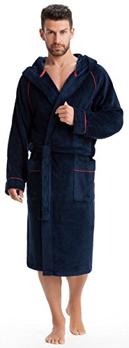LEVERIE sportlicher und kuschelweicher Bademantel/Saunamantel für Herren mit Kapuze und modischen Kontrastnähten, dunkelblau/rot, Gr. M